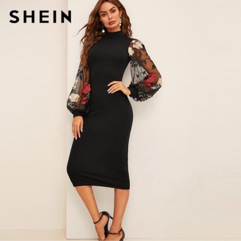 SHEIN Black Dress with Floral Mesh Sleeves